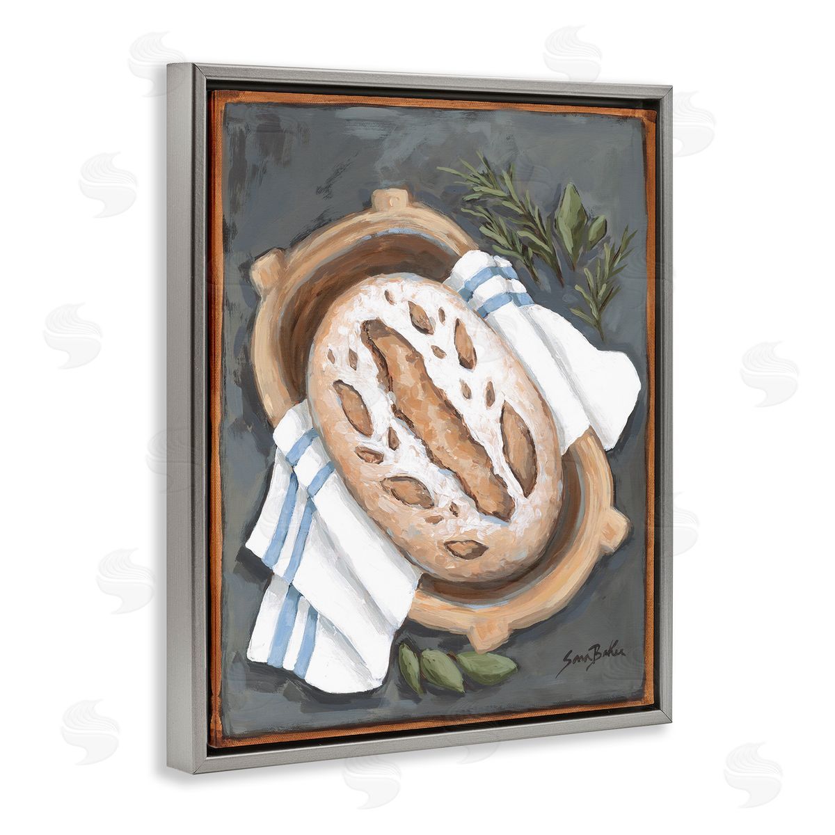 Bread Baking Basket Grey Floating Frame Canvas Wall Art, Home Decor by Sara Baker
