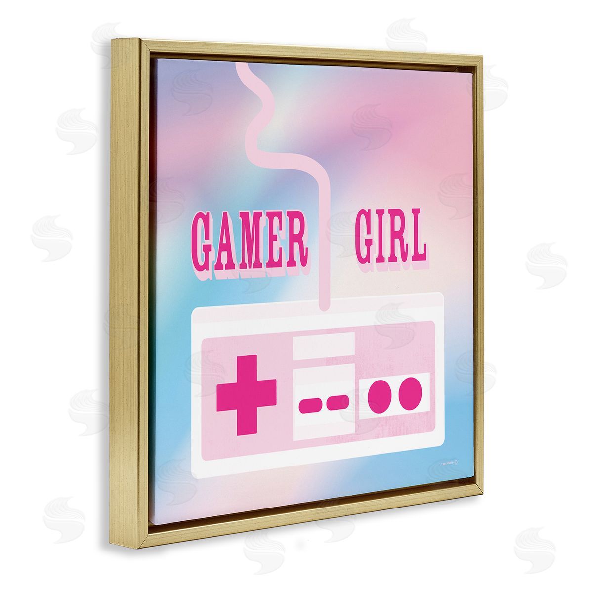 Pastel Gamer Girl Controller Gold Floating Frame Canvas Wall Art, Home Decor by Yass Naffas Designs