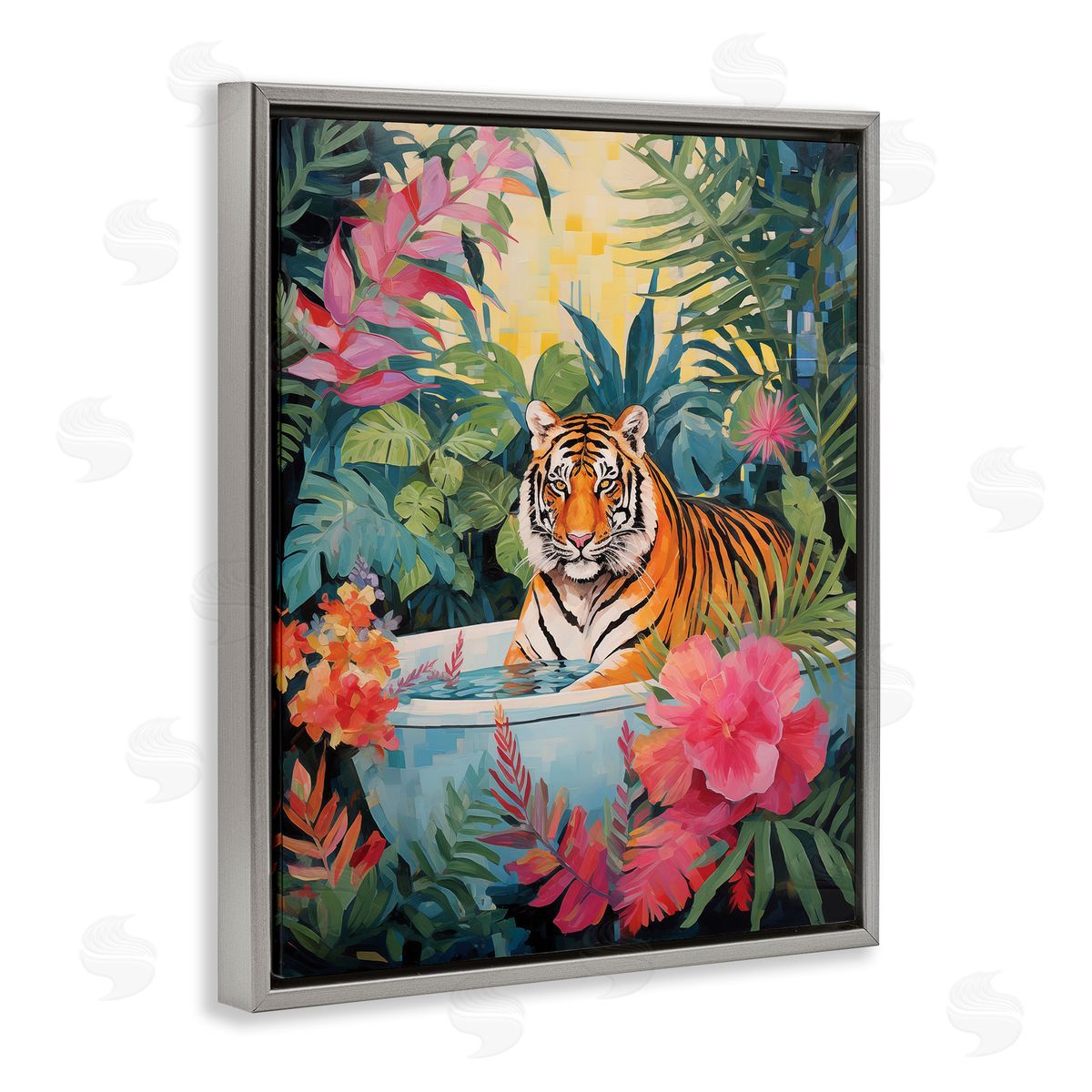 Tiger in Luxurious Bath Grey Floating Frame Canvas Wall Art, Home Decor by Heidi Kuntz
