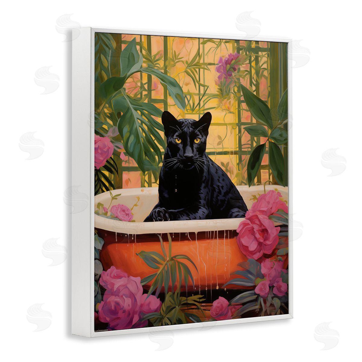 Lush Tropics Panther Bath White Frame Print Wall Art, Home Decor by Heidi Kuntz