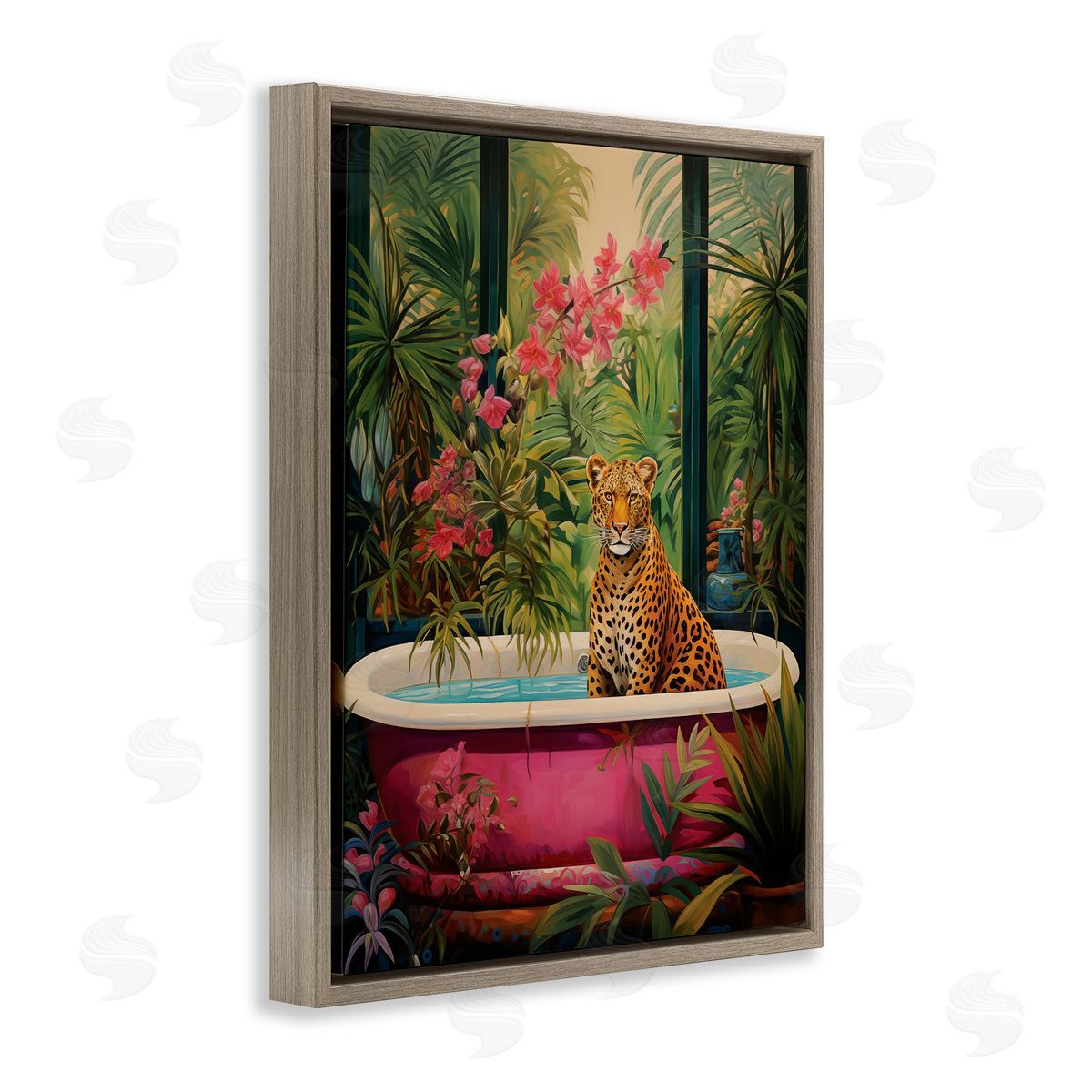 Leopard in Lush Tropical Bath Brown Floating Frame Canvas Wall Art, Home Decor by Heidi Kuntz