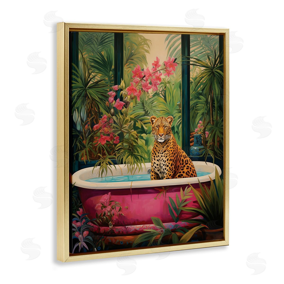 Leopard in Lush Tropical Bath Gold Floating Frame Canvas Wall Art, Home Decor by Heidi Kuntz