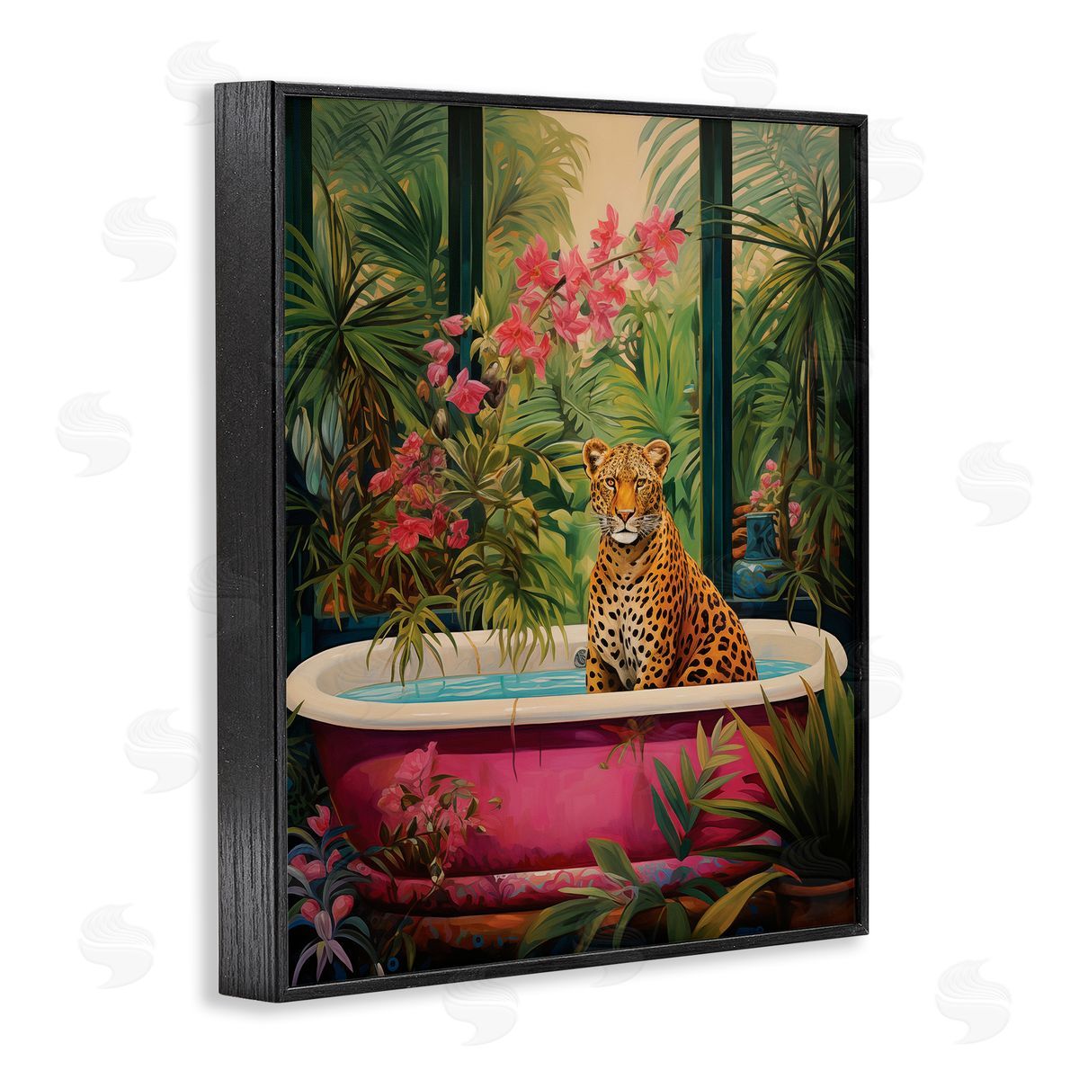 Leopard in Lush Tropical Bath Black Frame Print Wall Art, Home Decor by Heidi Kuntz