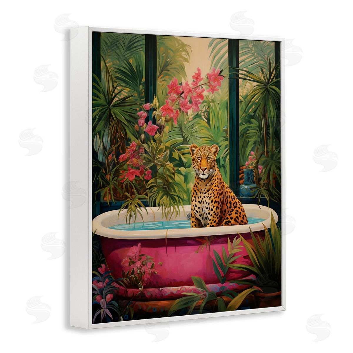Leopard in Lush Tropical Bath White Frame Print Wall Art, Home Decor by Heidi Kuntz