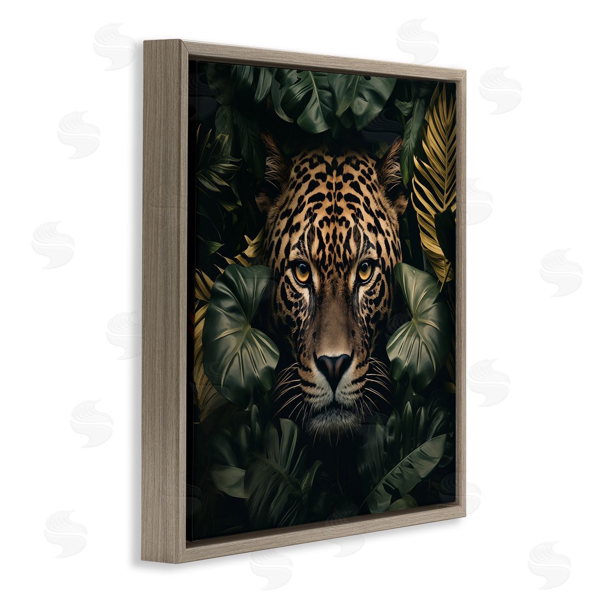 Leopard in Exotic Palms Brown Floating Frame Canvas Wall Art, Home Decor by Heidi Kuntz