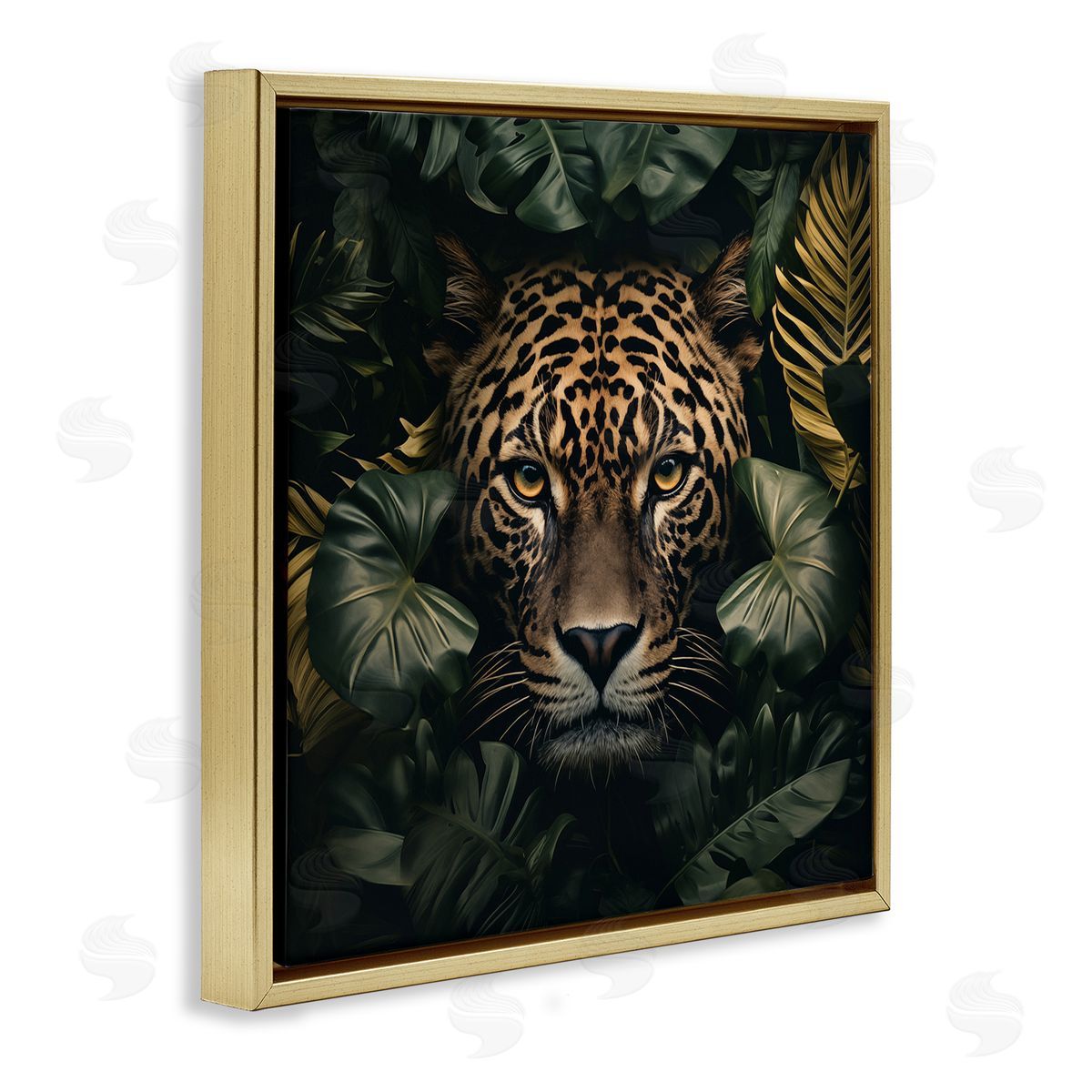Leopard in Exotic Palms Gold Floating Frame Canvas Wall Art, Home Decor by Heidi Kuntz