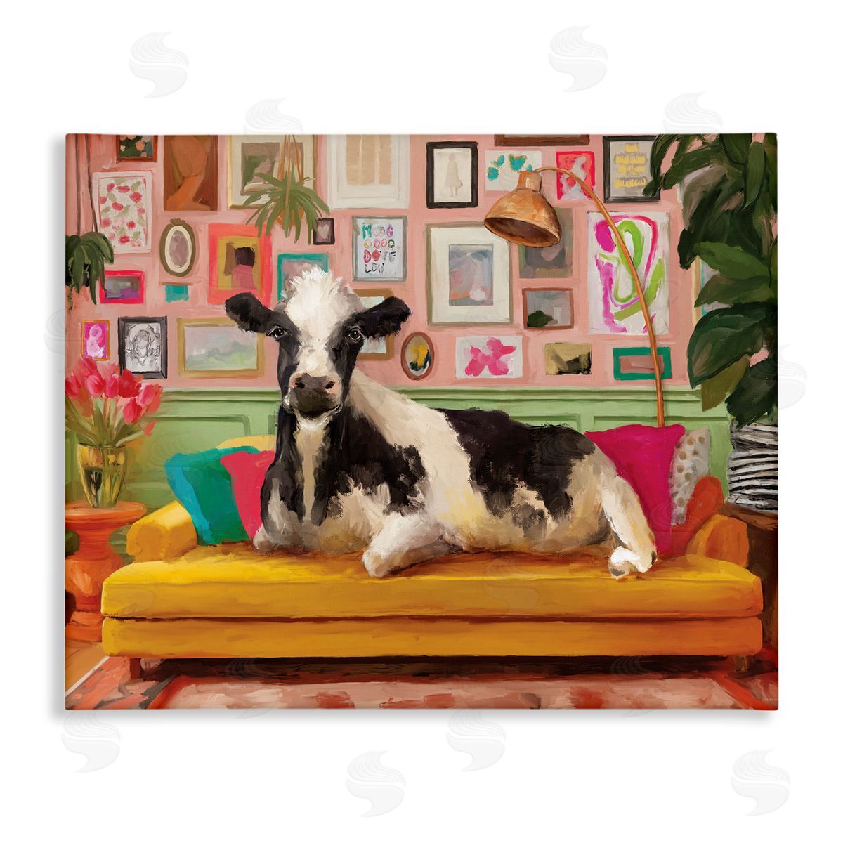 Cow in Whimsical Maximalist House Canvas Wall Art, Home Decor by Kamdon Kreations