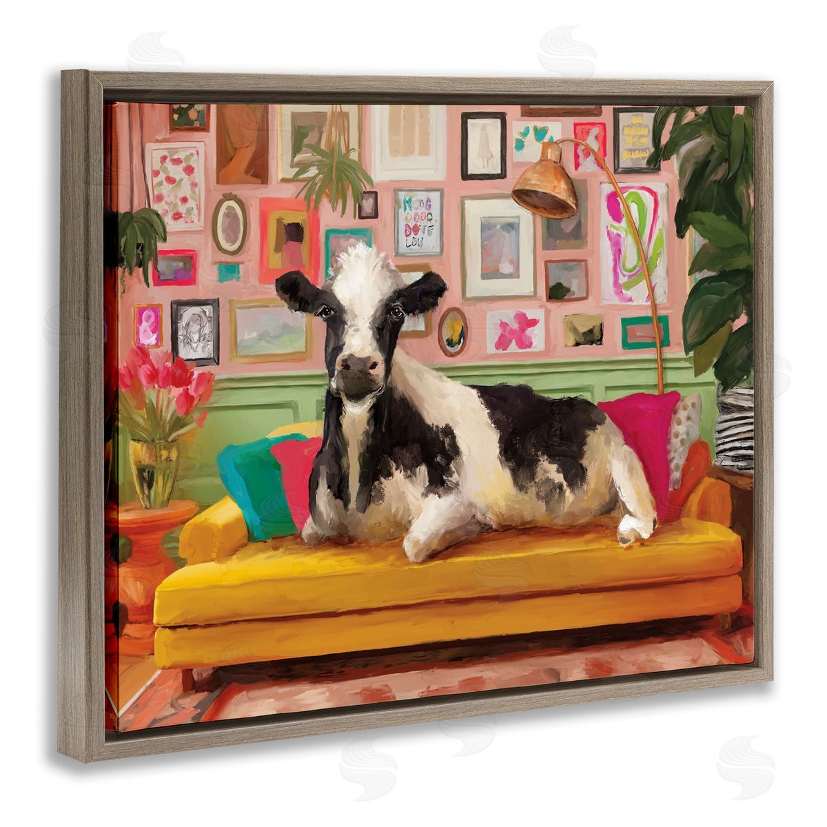 Cow in Whimsical Maximalist House Brown Floating Frame Canvas Wall Art, Home Decor by Kamdon Kreations