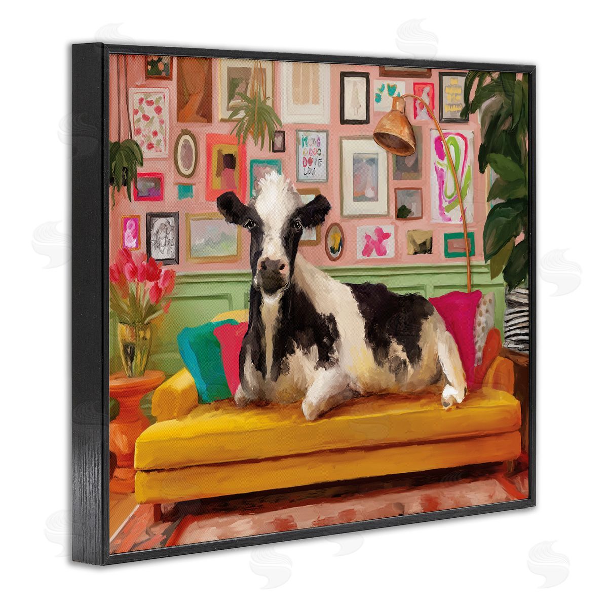 Cow in Whimsical Maximalist House Black Frame Print Wall Art, Home Decor by Kamdon Kreations