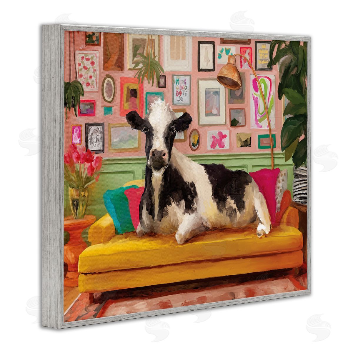 Cow in Whimsical Maximalist House Grey Frame Print Wall Art, Home Decor by Kamdon Kreations