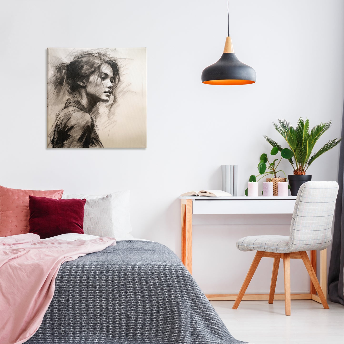 Traditional Sketch Portrait of Woman Canvas Wall Art in Room, Home Decor by Heidi Kuntz