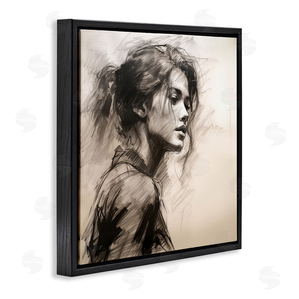 Traditional Sketch Portrait of Woman Black Floating Frame Canvas Wall Art, Home Decor by Heidi Kuntz