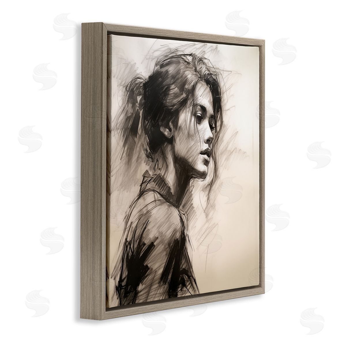Traditional Sketch Portrait of Woman Brown Floating Frame Canvas Wall Art, Home Decor by Heidi Kuntz