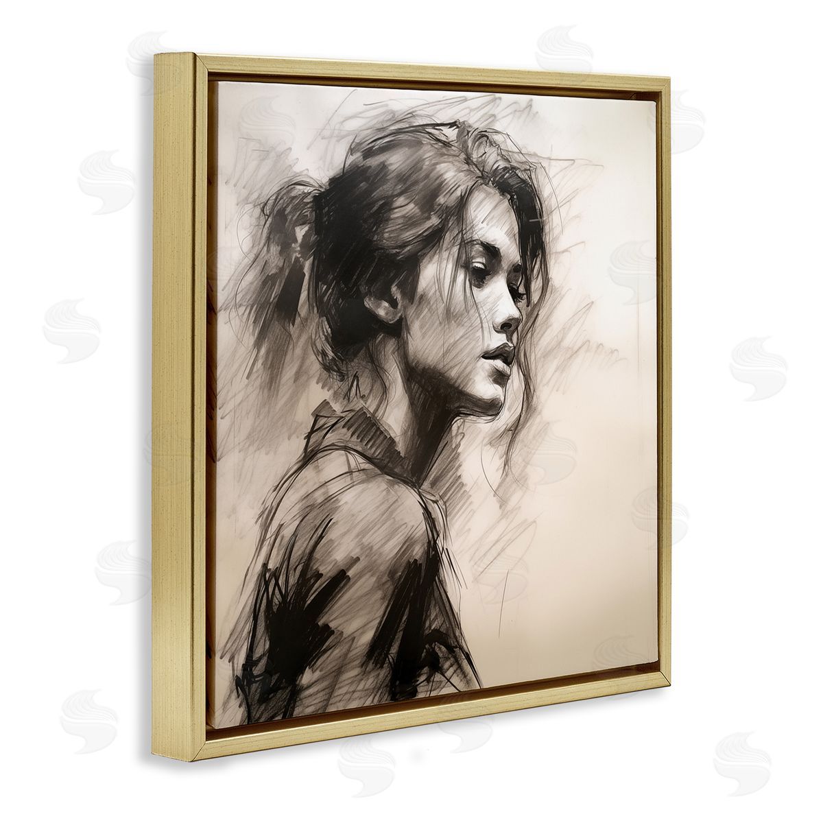 Traditional Sketch Portrait of Woman Gold Floating Frame Canvas Wall Art, Home Decor by Heidi Kuntz