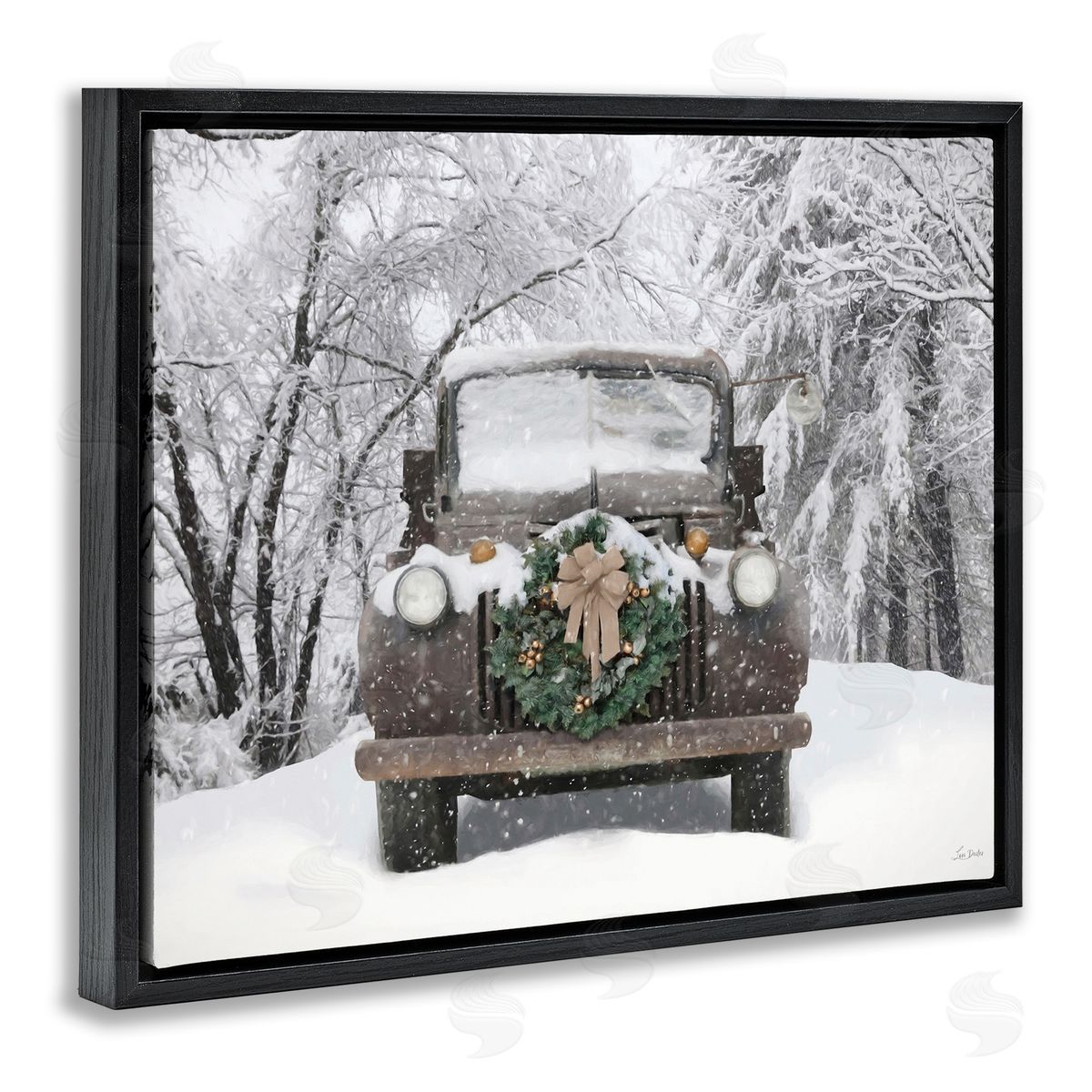 Wreathed Truck in Snow Black Floating Frame Canvas Wall Art, Home Decor by Lori Deiter
