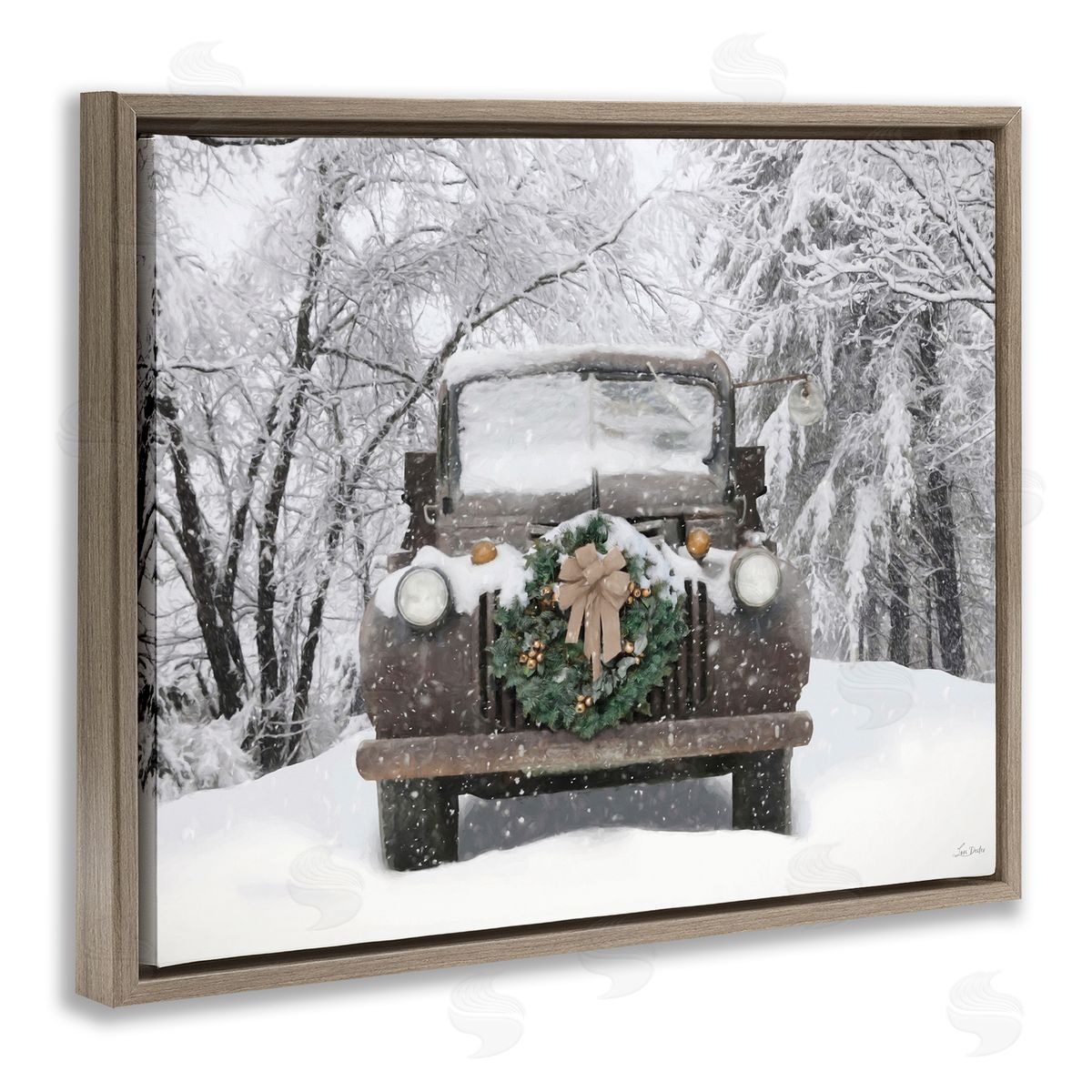 Wreathed Truck in Snow Brown Floating Frame Canvas Wall Art, Home Decor by Lori Deiter