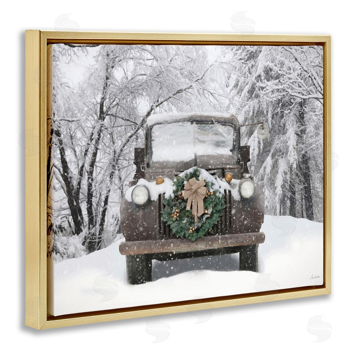 Wreathed Truck in Snow Gold Floating Frame Canvas Wall Art, Home Decor by Lori Deiter