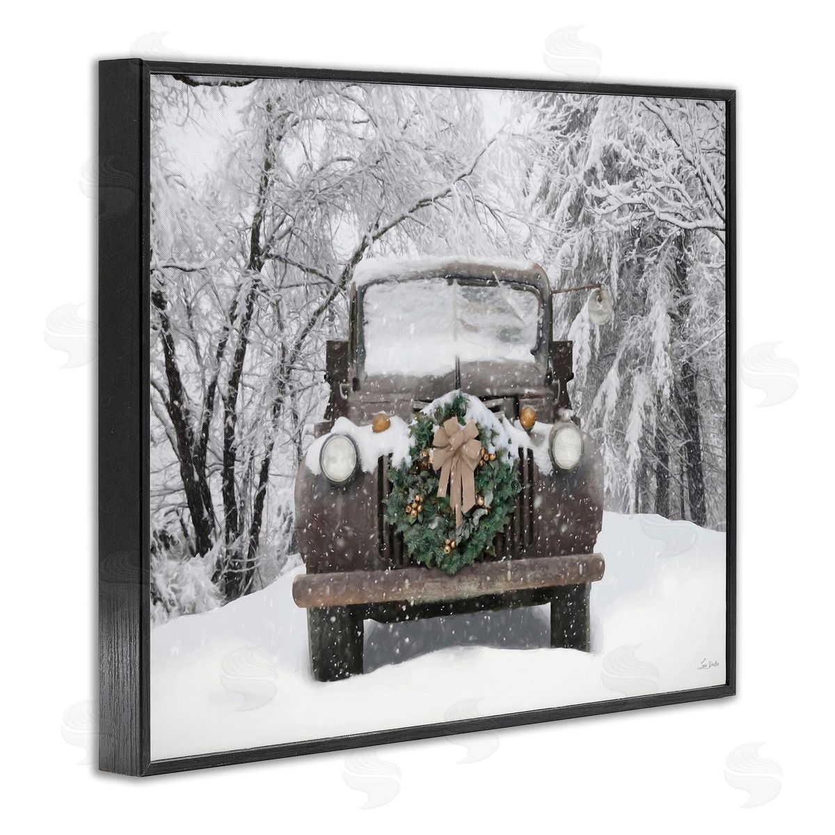 Wreathed Truck in Snow Black Frame Print Wall Art, Home Decor by Lori Deiter