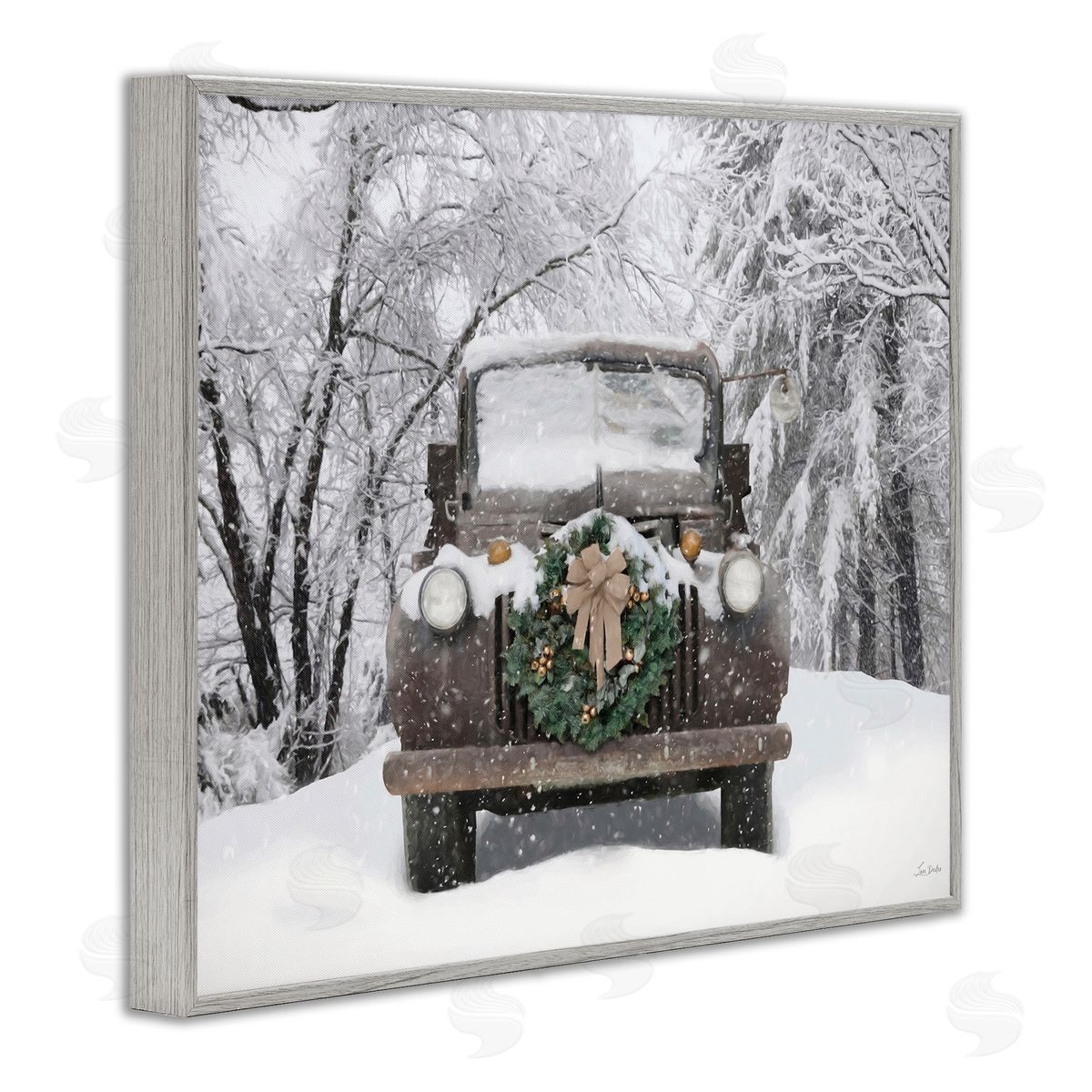 Wreathed Truck in Snow Grey Frame Print Wall Art, Home Decor by Lori Deiter