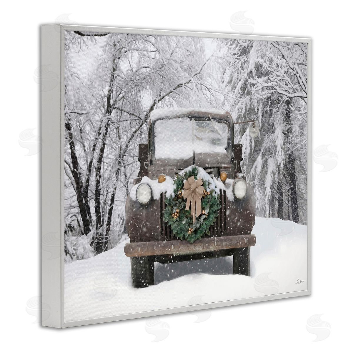 Wreathed Truck in Snow White Frame Print Wall Art, Home Decor by Lori Deiter