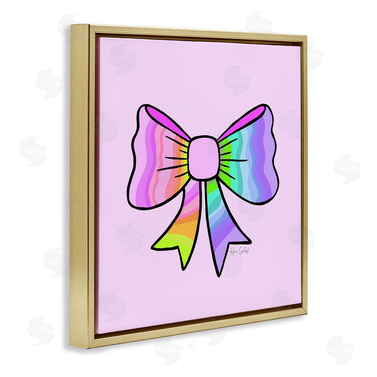Pastel Rainbow Ombre Ribbon Gold Floating Frame Canvas Wall Art, Home Decor by Katie Conley