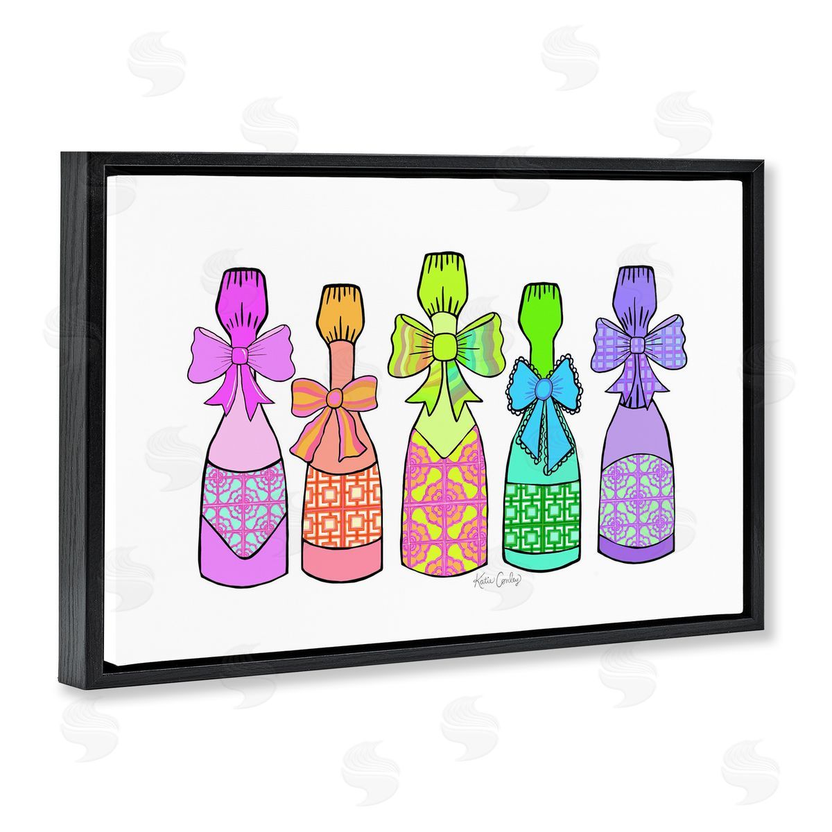 Patterned Drink Bottles Black Floating Frame Canvas Wall Art, Home Decor by Katie Conley