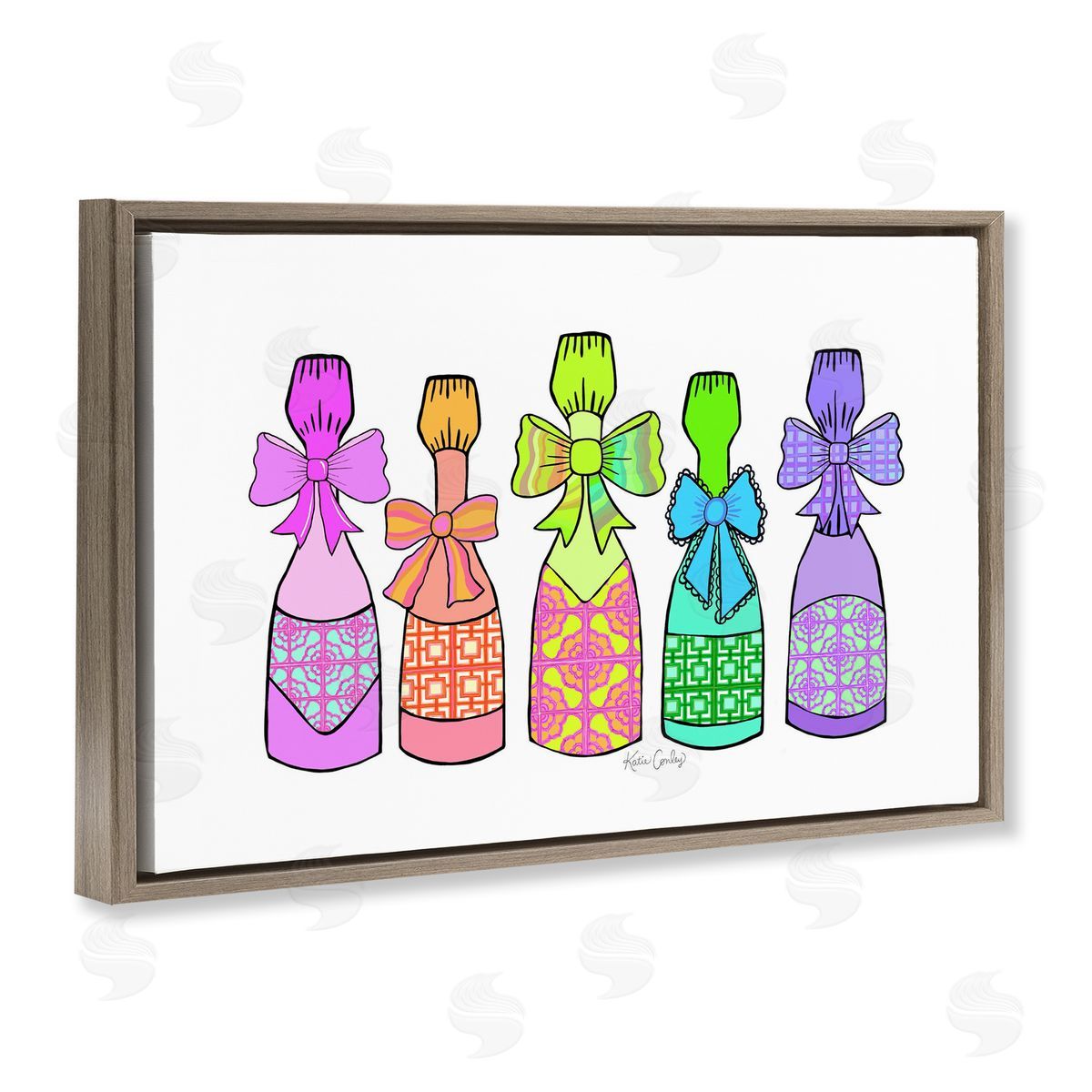Patterned Drink Bottles Brown Floating Frame Canvas Wall Art, Home Decor by Katie Conley