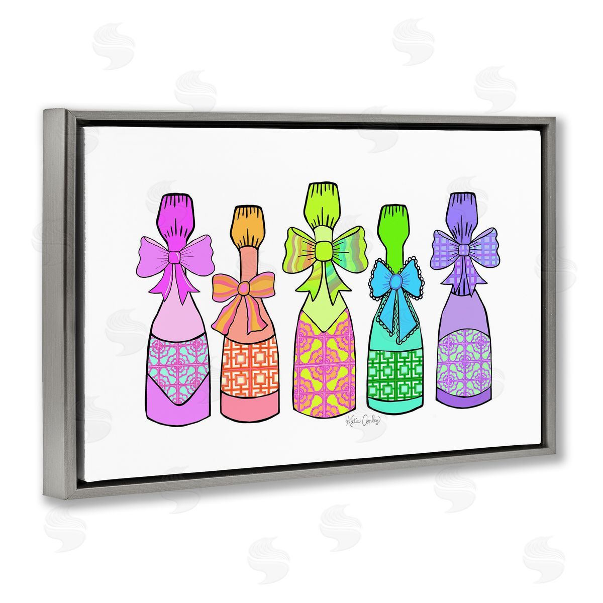 Patterned Drink Bottles Grey Floating Frame Canvas Wall Art, Home Decor by Katie Conley