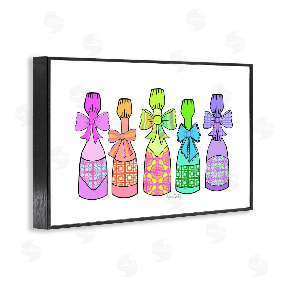 Patterned Drink Bottles Black Frame Print Wall Art, Home Decor by Katie Conley