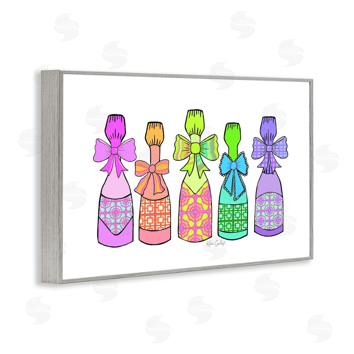 Patterned Drink Bottles Grey Frame Print Wall Art, Home Decor by Katie Conley