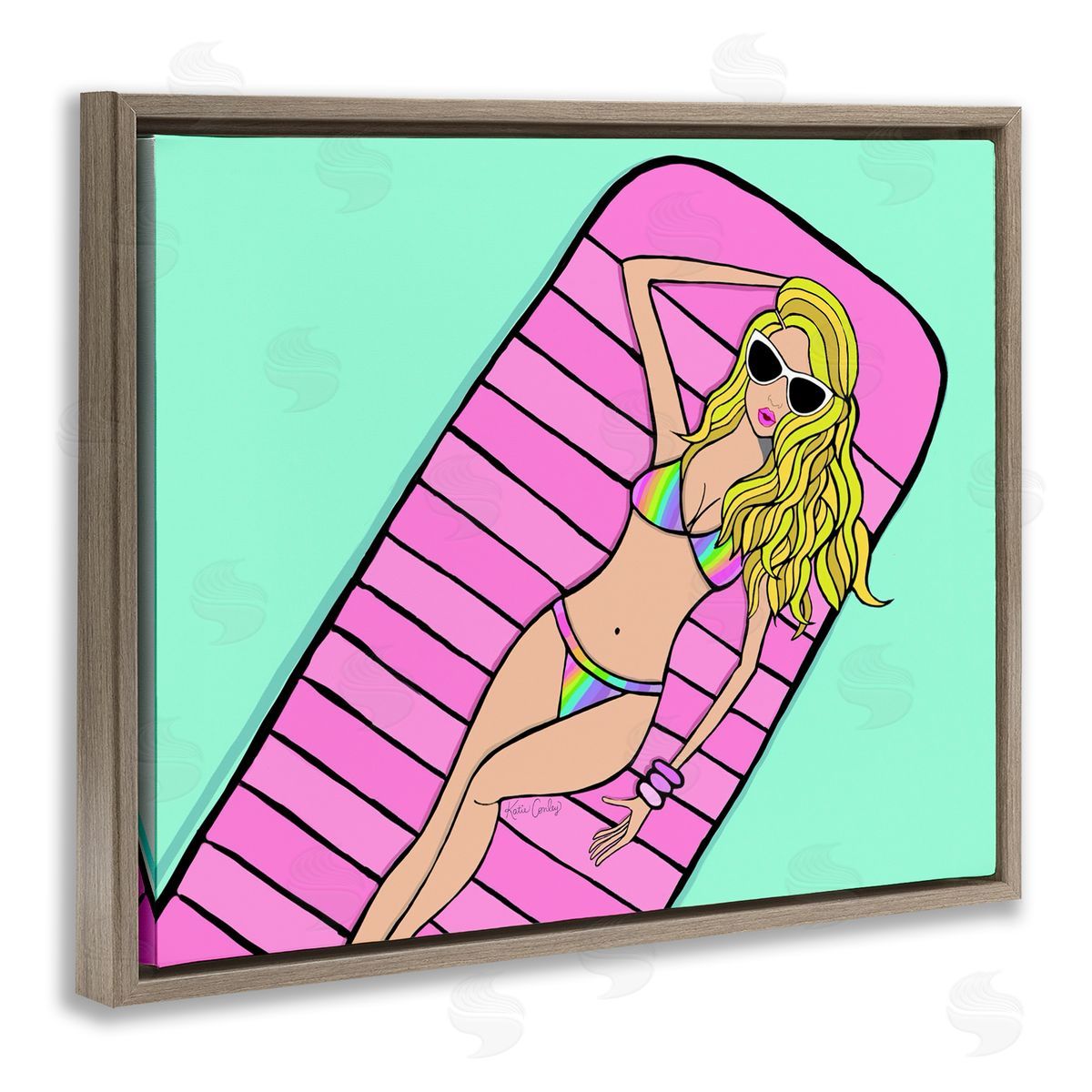 Trendy Girl on Pool Float Brown Floating Frame Canvas Wall Art, Home Decor by Katie Conley