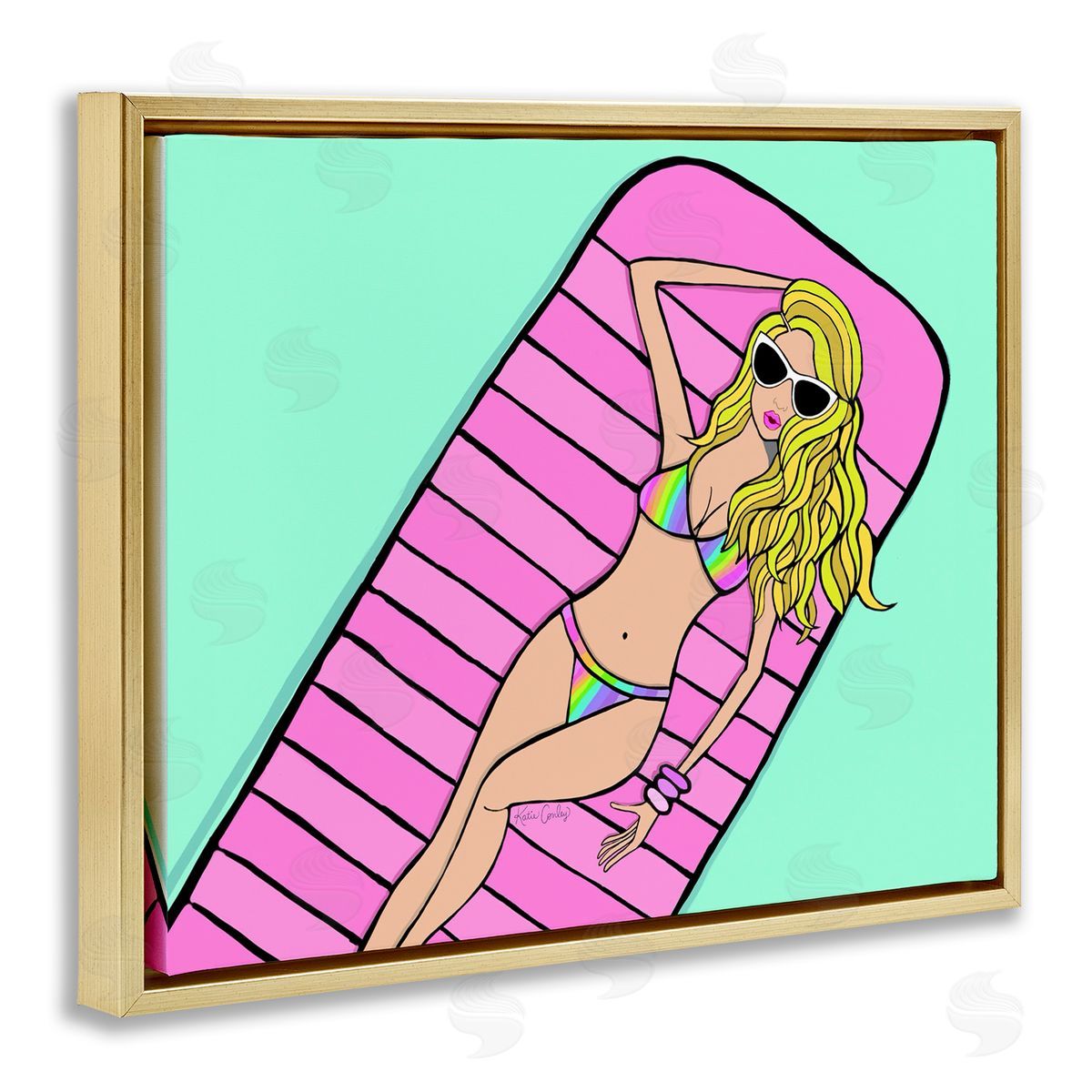 Trendy Girl on Pool Float Gold Floating Frame Canvas Wall Art, Home Decor by Katie Conley