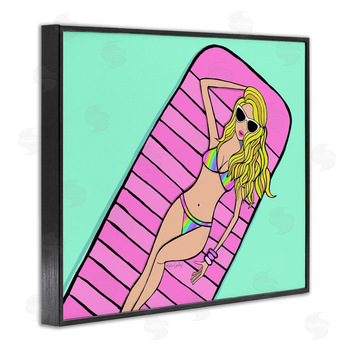 Trendy Girl on Pool Float Black Frame Print Wall Art, Home Decor by Katie Conley
