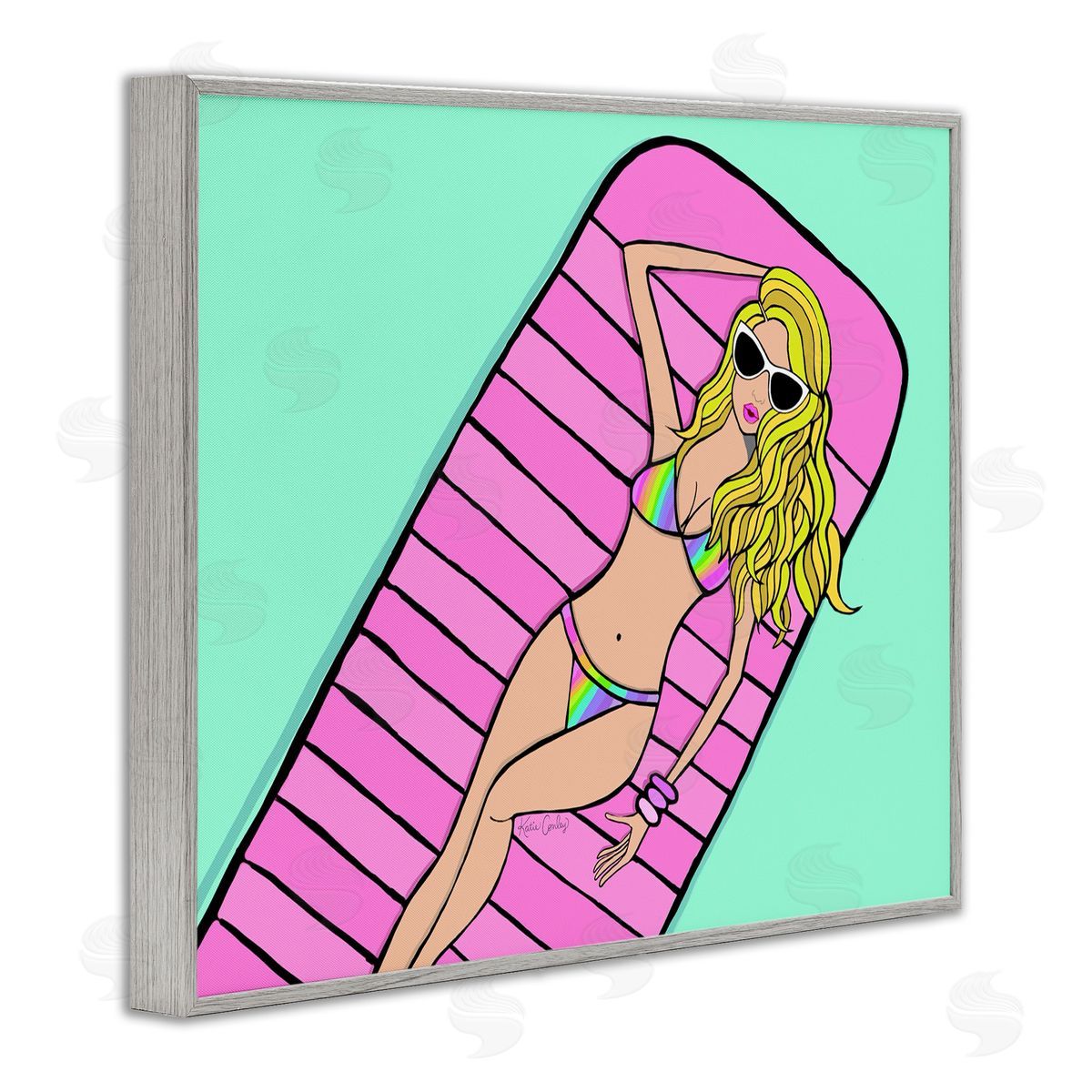 Trendy Girl on Pool Float Grey Frame Print Wall Art, Home Decor by Katie Conley