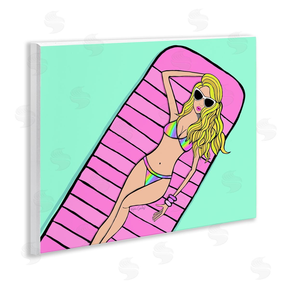 Trendy Girl on Pool Float Wood Plaque Wall Art, Home Decor by Katie Conley