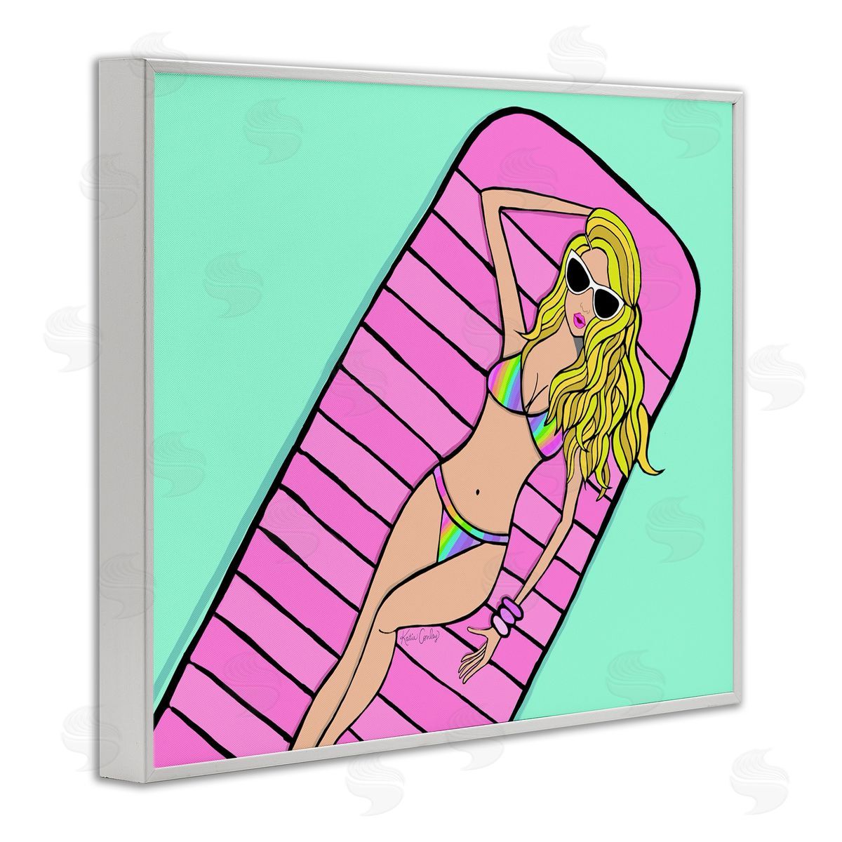 Trendy Girl on Pool Float White Frame Print Wall Art, Home Decor by Katie Conley