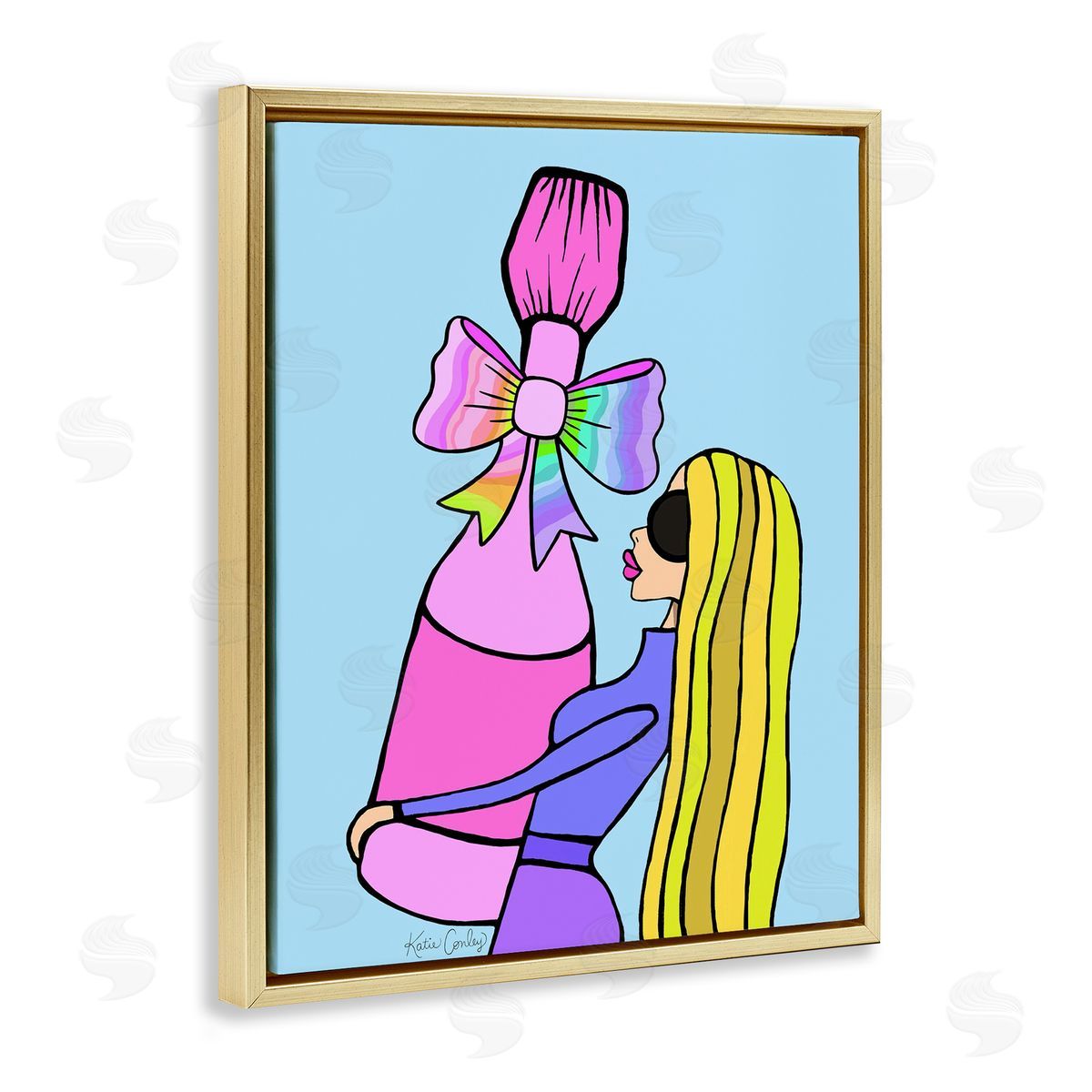Bold Fashionista with Wine Bottle Gold Floating Frame Canvas Wall Art, Home Decor by Katie Conley