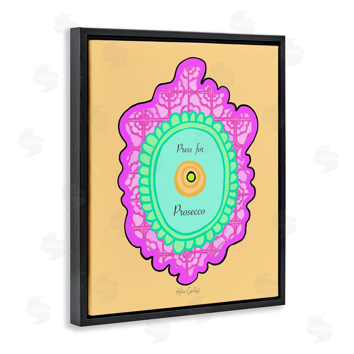 Press For Prosecco Button Black Floating Frame Canvas Wall Art, Home Decor by Katie Conley