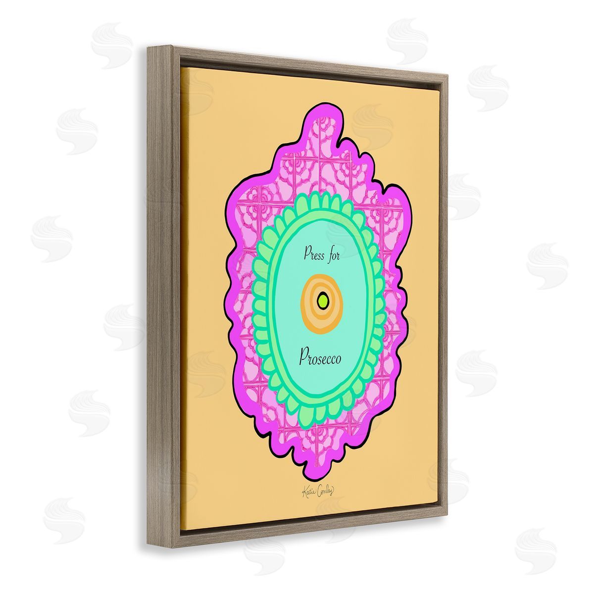Press For Prosecco Button Brown Floating Frame Canvas Wall Art, Home Decor by Katie Conley