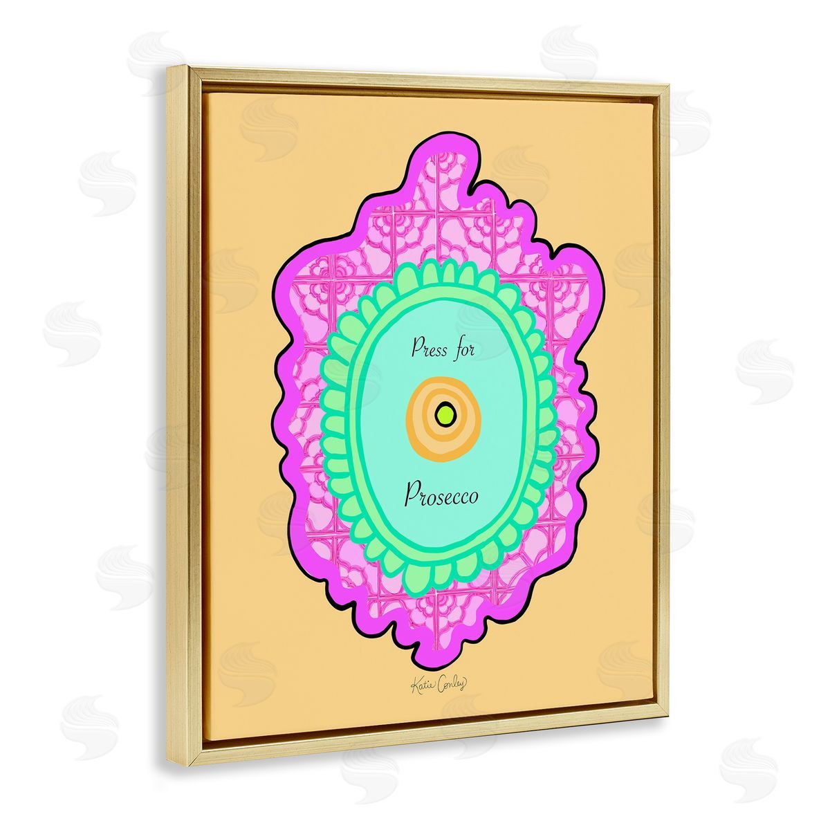 Press For Prosecco Button Gold Floating Frame Canvas Wall Art, Home Decor by Katie Conley