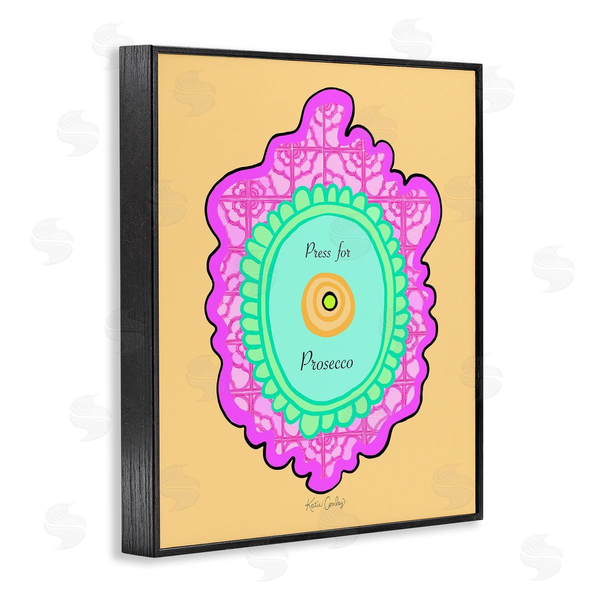 Press For Prosecco Button Black Frame Print Wall Art, Home Decor by Katie Conley