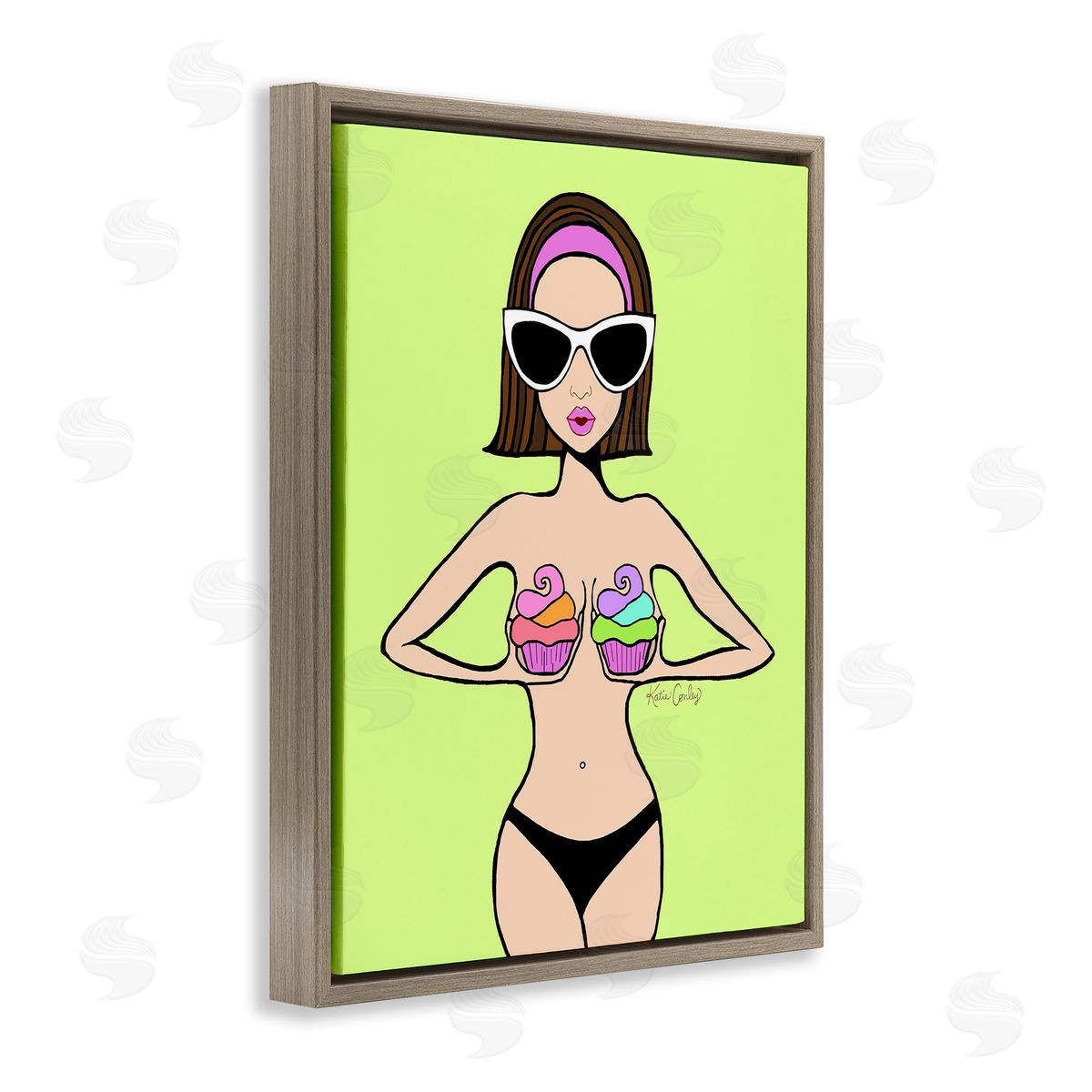 Glam Summer Gal & Cupcakes Brown Floating Frame Canvas Wall Art, Home Decor by Katie Conley