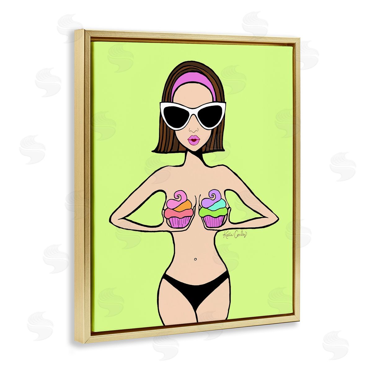 Glam Summer Gal & Cupcakes Gold Floating Frame Canvas Wall Art, Home Decor by Katie Conley