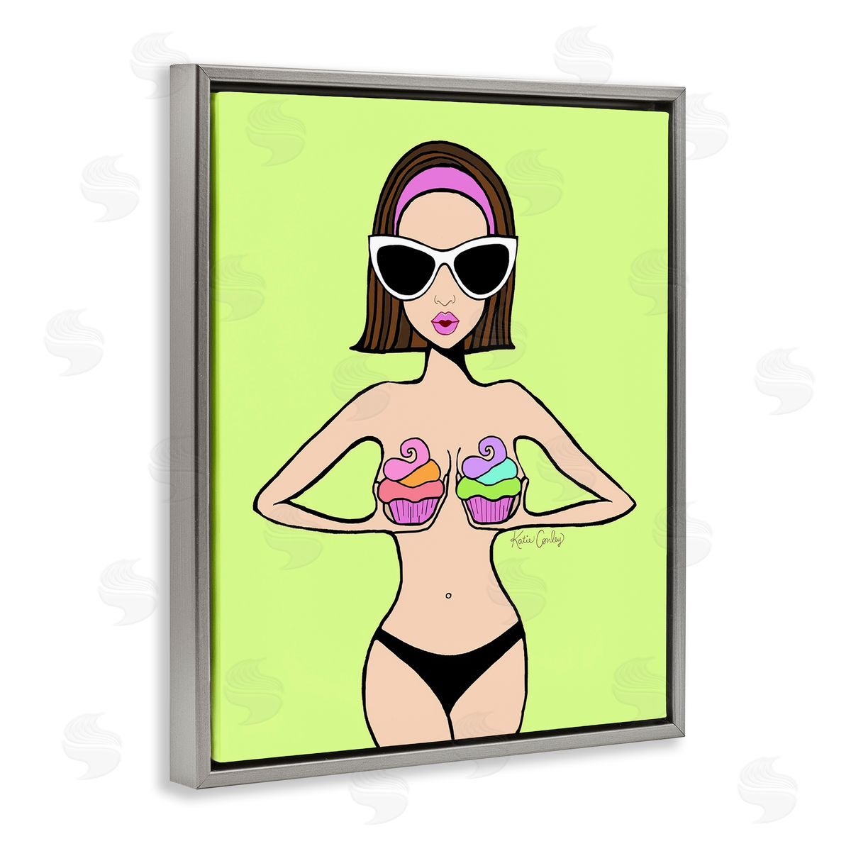 Glam Summer Gal & Cupcakes Grey Floating Frame Canvas Wall Art, Home Decor by Katie Conley