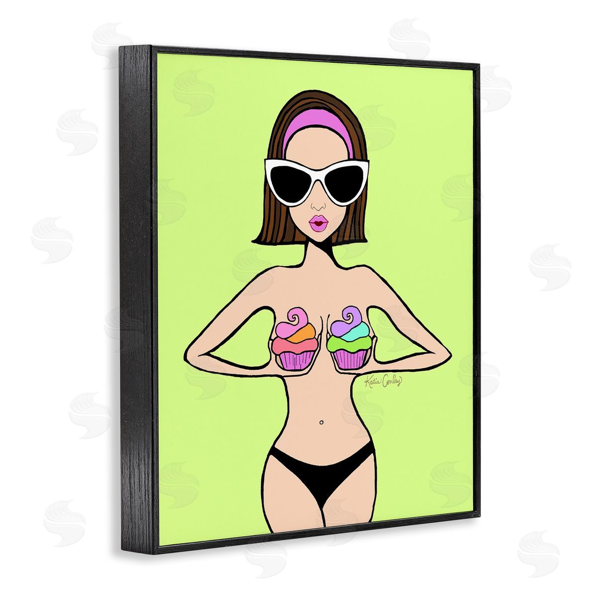 Glam Summer Gal & Cupcakes Black Frame Print Wall Art, Home Decor by Katie Conley