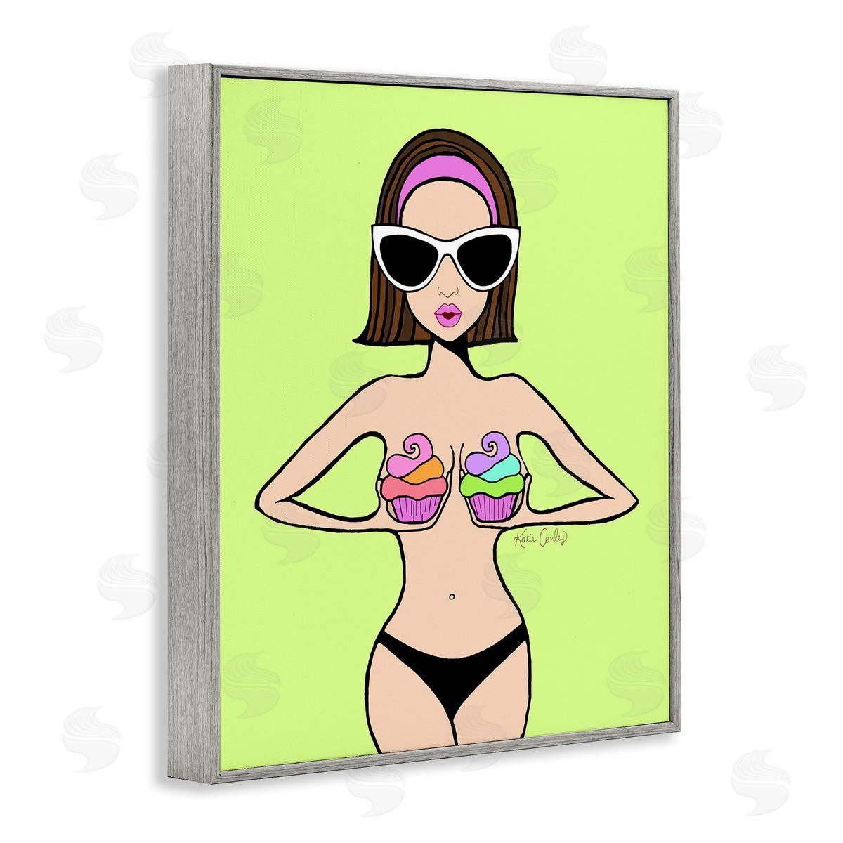 Glam Summer Gal & Cupcakes Grey Frame Print Wall Art, Home Decor by Katie Conley