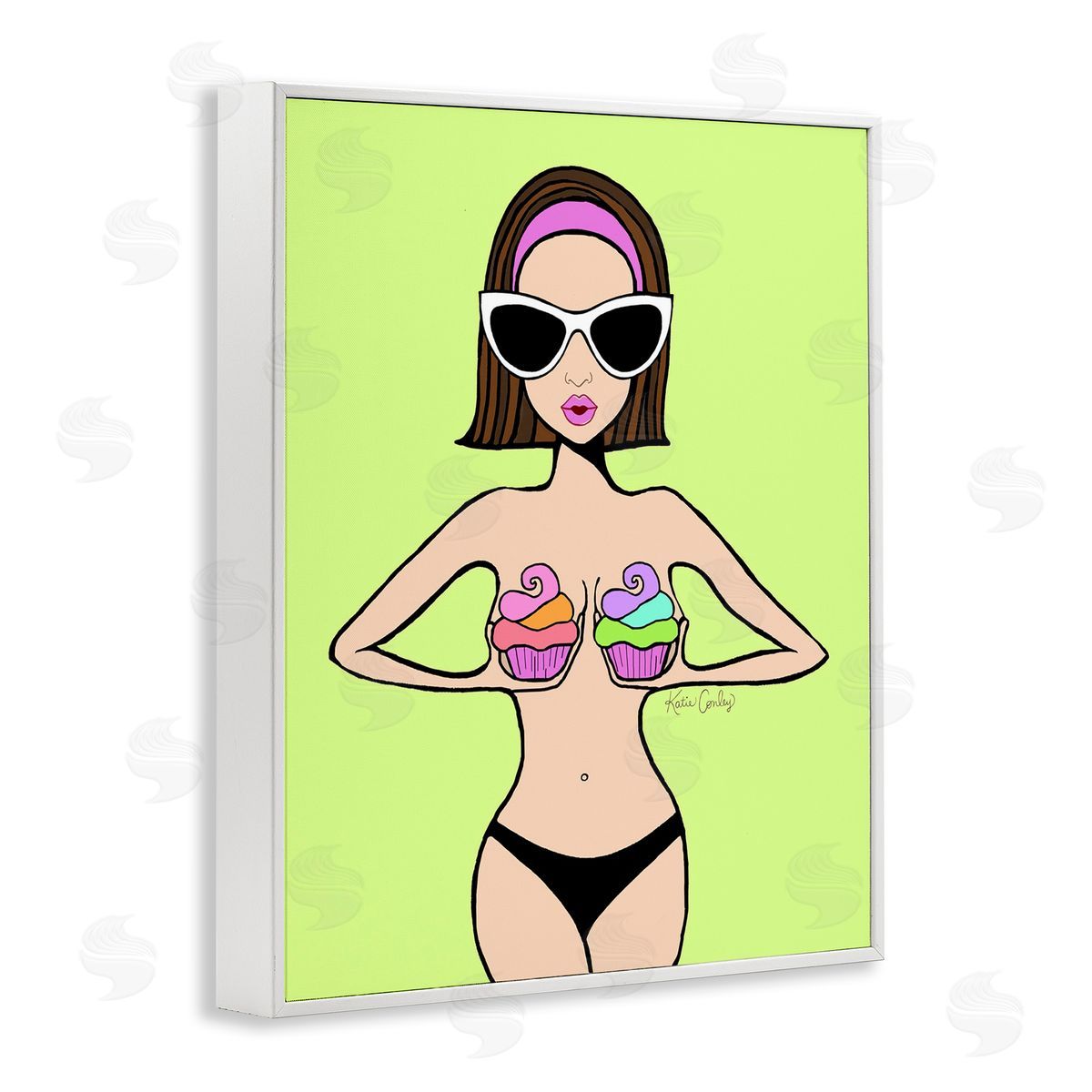 Glam Summer Gal & Cupcakes White Frame Print Wall Art, Home Decor by Katie Conley