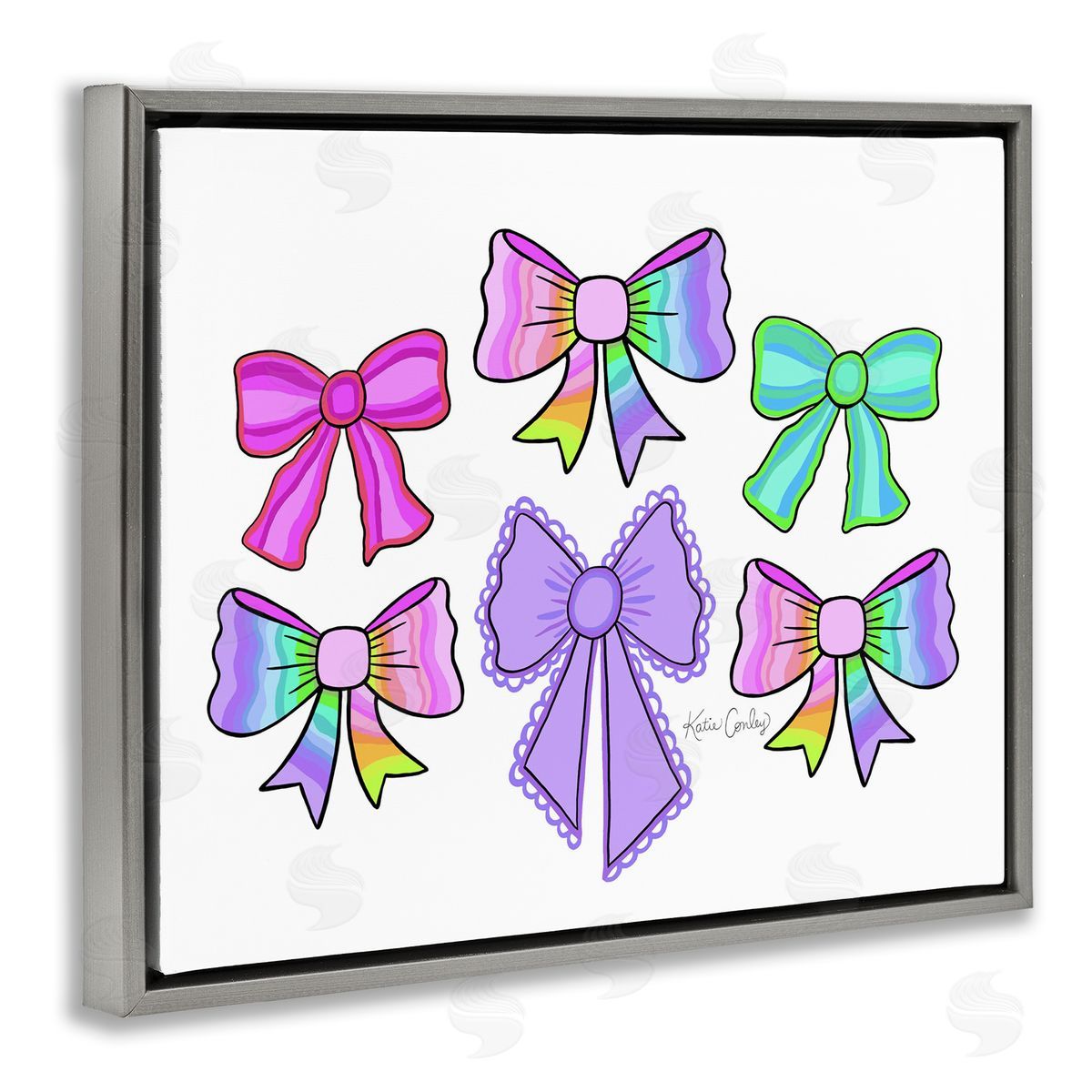 Playful Bowtastic Ribbons Grey Floating Frame Canvas Wall Art, Home Decor by Katie Conley