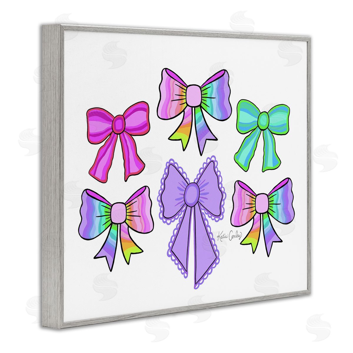 Playful Bowtastic Ribbons Grey Frame Print Wall Art, Home Decor by Katie Conley