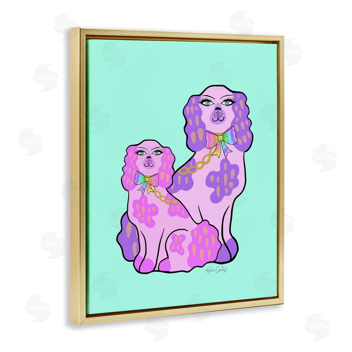 Funky Glam Dogs on Turquoise Gold Floating Frame Canvas Wall Art, Home Decor by Katie Conley